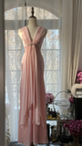 Classy A Line V Neck Beaded Pink Chiffon Satin Long Party Dress Evening Dress HZ1023