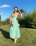 Charming A Line Spaghetti Strap Corset Tiered Mint Green Tulle Prom Dress Evening Dress HZ1023