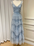 Elegant Blue Tulle Layers Long Prom Dress HZ1023
