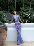 Two Piece Mermaid Halter Purple Print Floral Chiffon Long Prom Dress Outfits HZ1023