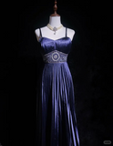 Retro A Line Spaghetti Strap Pleated Beaded Purple Satin Prom Dress Evening Dress HZ1023