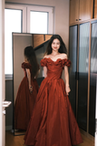 Romantic Burgundy A Line Off the Shoulder Pleated Satin Evening Dress Party Dress HZ1023