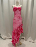 Vintage Pink Sheath Halter Beaded Ruffle Chiffon Evening Dress Outfits HZ1023