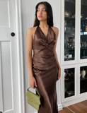 Simple A Line Halter Brown Satin Open Back Evening Dress Party Dress HZ1023