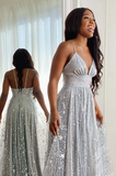 Stunning A Line Spaghetti Strap Star Sequin Tulle Long Prom Dress Evening Dress with Slit HZ1023