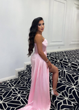 Pink A Line Strapless Corset Satin Long Prom Dress Evening Dress with Slit HZ1023