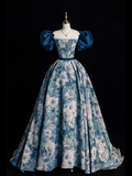 Blue Printed Long Prom Dress A Line Ball Gown Evening Dress HZ1023