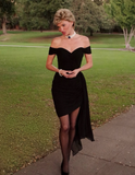 Elegant Sheath Off the Shoulder Black Chiffon Prom Dress Evening Dress HZ1023