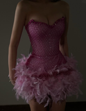 Sexy Pink Strapless Beaded Tulle Feather Short Prom Dress HZ1023