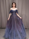 Purple tulle off shoulder A-line long prom dress, purple evening dress HZ1023