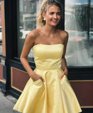 Yellow satin short prom dress party dress Homecoming Dress with Pockets HZ1023
