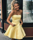 Yellow satin short prom dress party dress Homecoming Dress with Pockets HZ1023