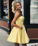 Yellow satin short prom dress party dress Homecoming Dress with Pockets HZ1023