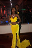 Yellow Prom Gown, Velvet Prom Gown, Side Slit Prom Gown, Long Prom Gown, Cheap Prom Gown, Sweetheart Prom Gown HZ1023