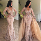 Sexy Mermaid V-neck Long Sleeves Appliqued Prom Dresses with Detachable Skirt HZ1023