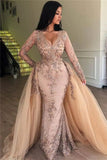 Sexy Mermaid V-neck Long Sleeves Appliqued Prom Dresses with Detachable Skirt HZ1023