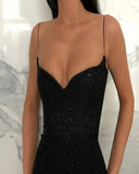 Black Sheath Open Back Spaghetti Straps equins Prom Dresses HZ1023
