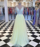 Yellow tulle sequins long prom dress evening dress HZ1023