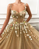 Glamorous A-line Spaghetti Straps Flower Prom Dresses HZ1023