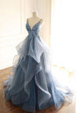 tulle long prom dress with spaghetti straps and ruffled floor length skirt HZ1023