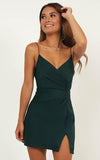 R0508,simple dark green sleeveless v-neck short evening dresses spaghetti-straps slit-skirt homecoming dresses with HZ1023