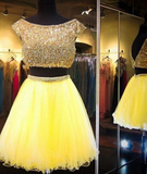 Yellow Two Piece Cap Sleeve Homecoming Dresses Beaded HZ1023