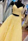 yellow prom dress in two piece, long prom dress Prom Dresses HZ1023