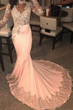 Trendy Long Sleeves Appliques Pink Mermaid Prom Dresses with Train HZ1023