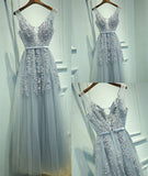 Elegant Gray A-line Tulle Long Prom Dress V Neck Prom Dresses Lace Evening Dress HZ1023