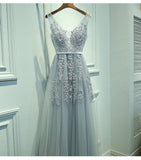 Elegant Gray A-line Tulle Long Prom Dress V Neck Prom Dresses Lace Evening Dress HZ1023