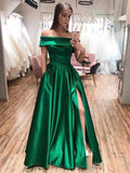 Off The Shoulder Green Satin Long Prom Dresses with Leg Slit, Off Shoulder Green Formal Evening Graduation Dresses HZ1023