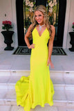 yellow satin prom dresses, open back yellow satin prom dresses, mermaid yellow satin prom dress HZ1023