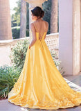 Yellow satin long prom dress formal dress HZ1023