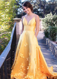 Yellow satin long prom dress formal dress HZ1023