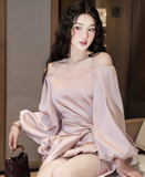 Gentle A Line Long Sleeve Satin Short Homecoming Dress Cocktail Dress HZ1023