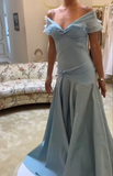 Retro Style A Line Off the Shoulder Blue Satin Long Party Dress Prom Dress HZ1023
