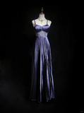 Retro A Line Spaghetti Strap Pleated Beaded Purple Satin Prom Dress Evening Dress HZ1023