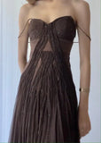 Vintage Brown A Line Spaghetti Strap Beaded Chiffon Long Prom Dress Party Dress HZ1023