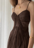 Vintage Brown A Line Spaghetti Strap Beaded Chiffon Long Prom Dress Party Dress HZ1023