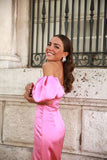 Gentle Pink Sheath Off the Shoulder Satin Long Prom Dress with Slit HZ1023