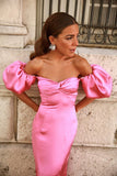 Gentle Pink Sheath Off the Shoulder Satin Long Prom Dress with Slit HZ1023