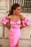 Gentle Pink Sheath Off the Shoulder Satin Long Prom Dress with Slit HZ1023