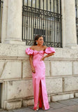 Gentle Pink Sheath Off the Shoulder Satin Long Prom Dress with Slit HZ1023