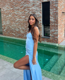 Blue Sheath Corset Satin Long Prom Dress Evening Dress with Slit HZ1023