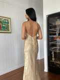 Simple Sheath Spaghetti Strap Satin Open Back Evening Dress Party Dress HZ1023