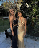 Sexy Sheath Halter Backless Champagne Satin Prom Dresses Evening Dress HZ1023
