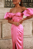 Pink Puff Sleeves Slit Prom Dress Sweet evening Dress HZ1023