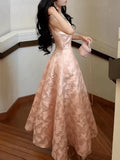 Pretty A Line Spaghetti Straps Pink Lace Satin Prom Dresses Evening Gowns HZ1023
