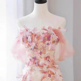 Elegant A Line Off-the-shoulder Floral Pink Tulle Prom Dresses HZ1023