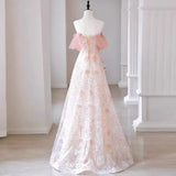 Elegant A Line Off-the-shoulder Floral Pink Tulle Prom Dresses HZ1023